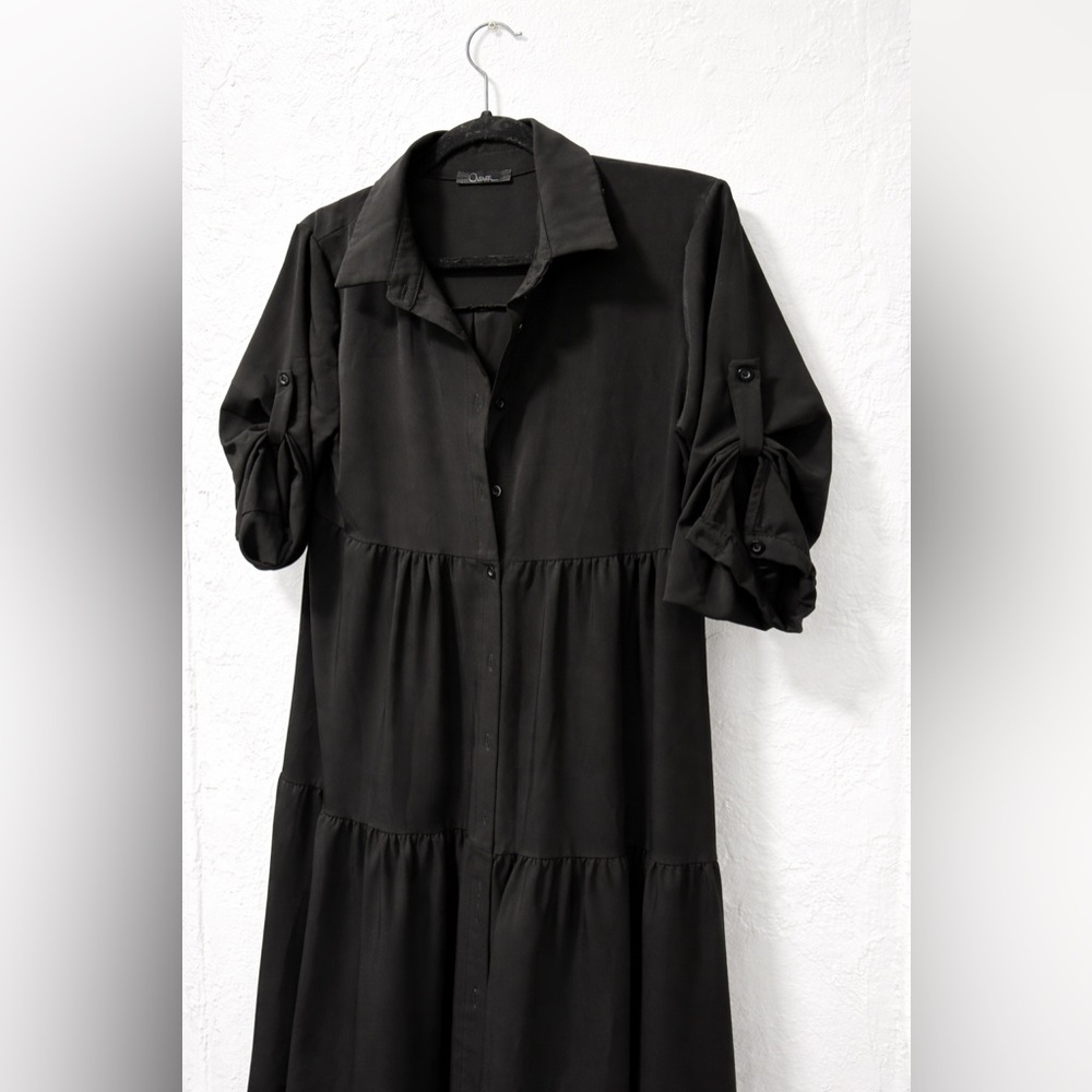 Charm Black Tiered Shirt Dress Midi/Maxi | S/M | Made in Italy